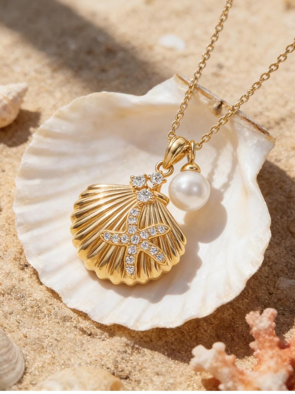 Anthropologie Gold Shell Pendant Necklace with Pearl & Crystal Starfish - Picture 4 of 6